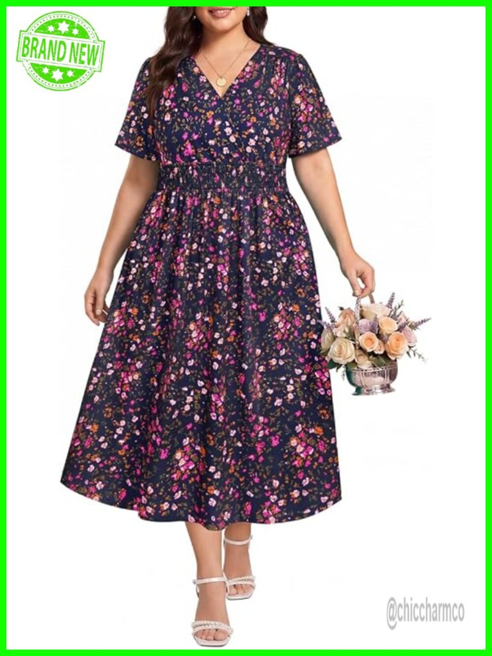 Plus Size V Neck Maxi Dress Short Sleeve Smocked Waist Boho Beach Dress
